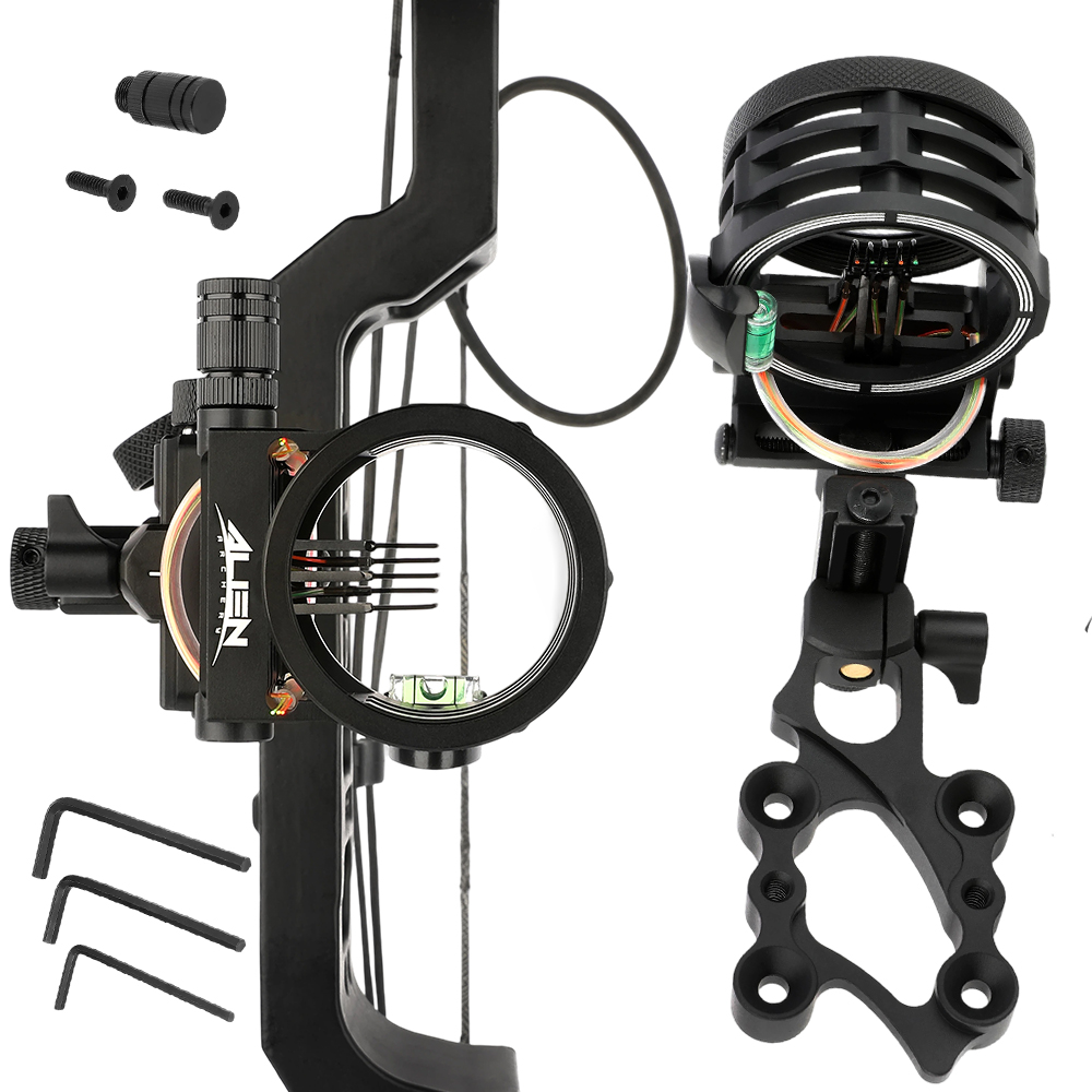 Compound Bow Sight 5 Pin Fiber Optic - アーチェリー用弓照準器 5ピンデザイン、0.019インチ光ファイバーピン、耐衝撃性アルミニウムボディ、コンパウンドボウでの狩猟や屋外練習に適しています。