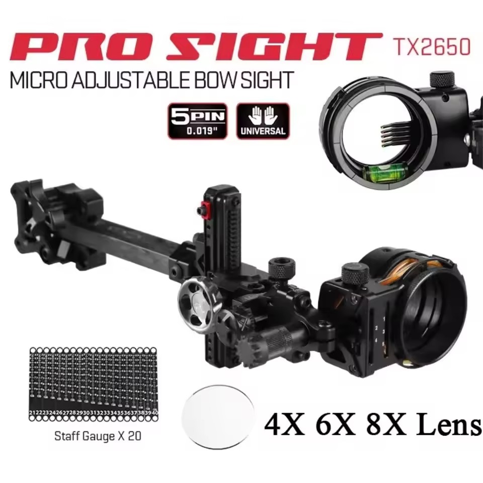 アーチェリーコンパウンドボウサイト 4X/6X/8X 5ピン - Compound Bow Sight 5 Pin Fiber Optic のレビューと価格